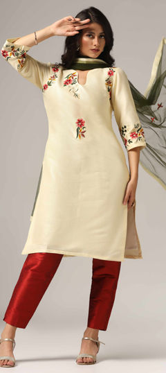 Beige and Brown color Salwar Kameez in Net, Raw Silk fabric with Embroidered, Resham, Thread, Zari work