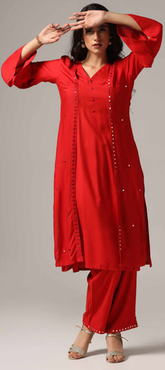 Red and Maroon color Salwar Kameez in Rayon fabric with Embroidered, Mirror, Resham work