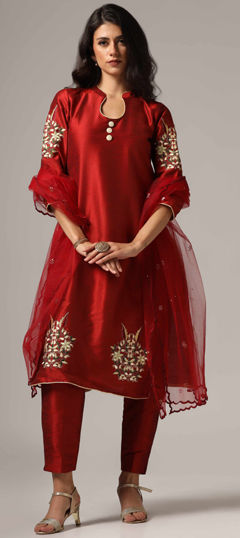 Red and Maroon color Salwar Kameez in Net, Raw Silk fabric with Embroidered, Resham, Thread, Zari work