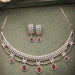 Gold Rodium Polish Red and Maroon color Necklace in Metal Alloy studded with Cubic Zirconia