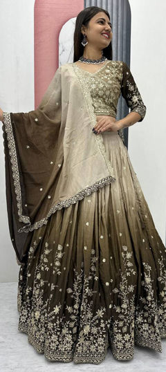 Beige and Brown color Ready to Wear Lehenga in Silk fabric with Embroidered, Sequence, Thread work