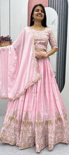 Pink and Majenta color Ready to Wear Lehenga in Silk fabric with Embroidered, Thread work
