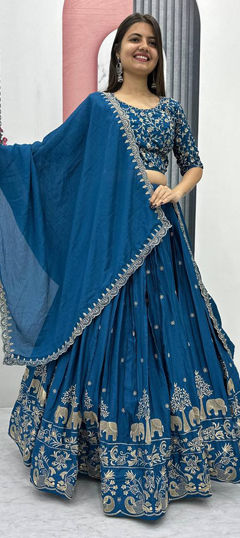 Blue color Ready to Wear Lehenga in Silk fabric with Embroidered, Thread work