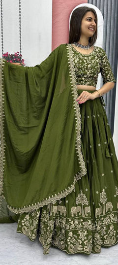Green color Ready to Wear Lehenga in Silk fabric with Embroidered, Thread work