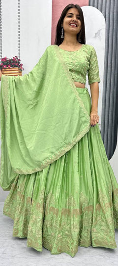 Green color Ready to Wear Lehenga in Silk fabric with Embroidered, Thread work