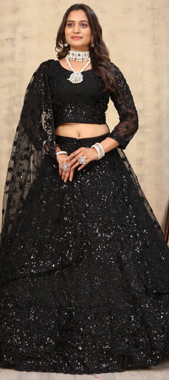 Black and Grey color Lehenga in Net fabric with Cut Dana, Embroidered, Sequence, Thread work