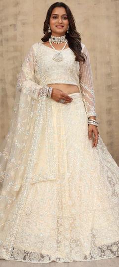 White and Off White color Lehenga in Net fabric with Cut Dana, Embroidered, Sequence, Thread work