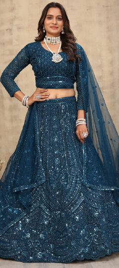 Blue color Lehenga in Net fabric with Cut Dana, Embroidered, Sequence, Thread work