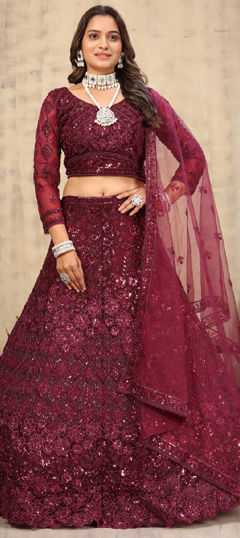 Red and Maroon color Lehenga in Net fabric with Cut Dana, Embroidered, Sequence, Thread work