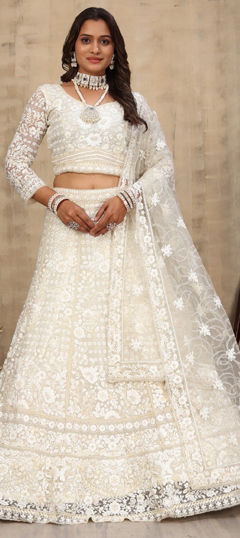 White and Off White color Lehenga in Net fabric with Cut Dana, Embroidered, Sequence, Thread work