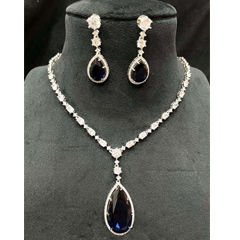 Gold Rodium Polish Blue color Necklace in Brass studded with CZ Diamond
