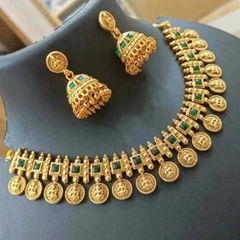 Gold Rodium Polish Green color Necklace in Copper studded with CZ Diamond