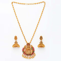 Gold Rodium Polish Green, Red and Maroon color Necklace in Copper studded with CZ Diamond