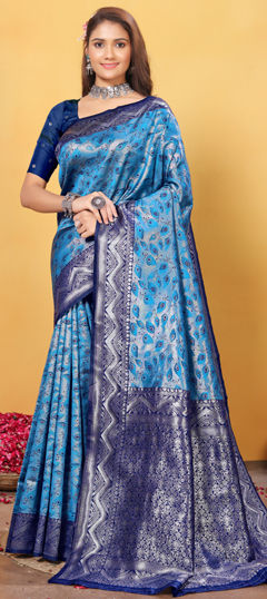 Blue color Saree in Kanjeevaram Silk fabric with Weaving, Zari work