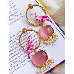 Gold Rodium Polish Pink and Majenta color Earrings in Brass studded with Pearl