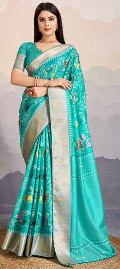 Blue color Saree in Art Silk fabric with Printed, Weaving work