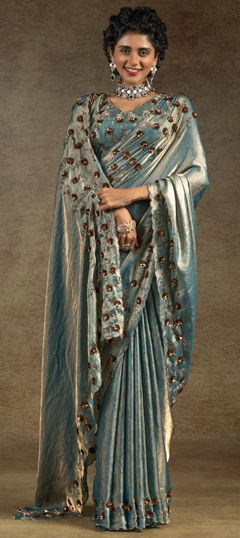 Blue color Saree in Satin Silk fabric with Stone work