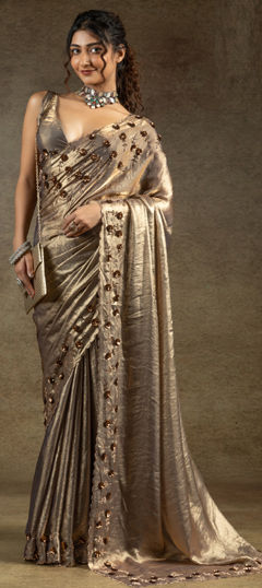 Beige and Brown color Saree in Satin Silk fabric with Stone work