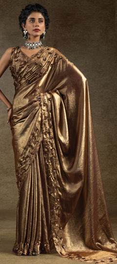 Beige and Brown color Saree in Satin Silk fabric with Stone work