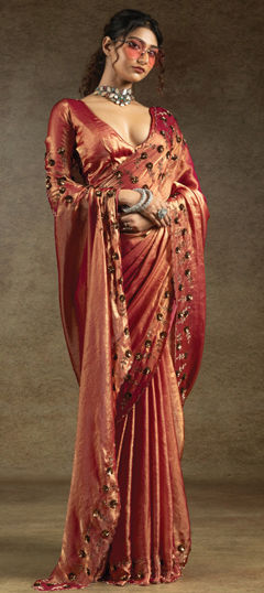 Red and Maroon color Saree in Satin Silk fabric with Stone work