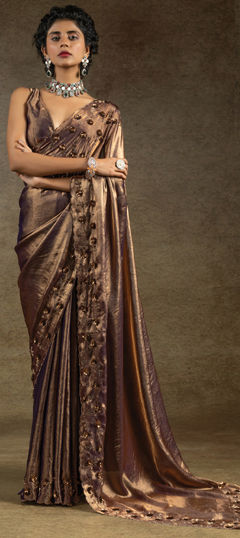 Beige and Brown color Saree in Satin Silk fabric with Stone work