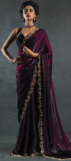 Black and Grey, Purple and Violet color Saree in Satin Silk fabric with Stone work
