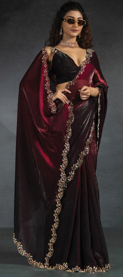 Black and Grey, Red and Maroon color Saree in Satin Silk fabric with Stone work