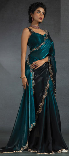 Black and Grey, Blue color Saree in Satin Silk fabric with Stone work