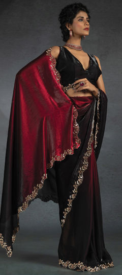 Black and Grey, Red and Maroon color Saree in Satin Silk fabric with Stone work