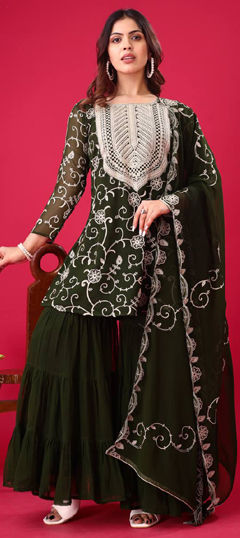 Green color Salwar Kameez in Georgette fabric with Embroidered, Sequence, Thread, Zari work