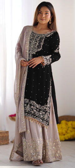Black and Grey color Salwar Kameez in Faux Georgette fabric with Embroidered, Moti, Sequence, Thread work