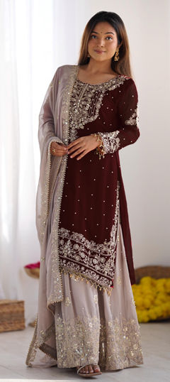 Beige and Brown color Salwar Kameez in Faux Georgette fabric with Embroidered, Moti, Sequence, Thread work