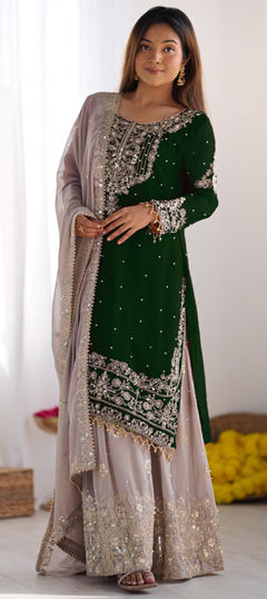 Green color Salwar Kameez in Faux Georgette fabric with Embroidered, Moti, Sequence, Thread work