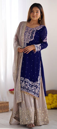 Blue color Salwar Kameez in Faux Georgette fabric with Embroidered, Moti, Sequence, Thread work