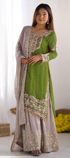 Green color Salwar Kameez in Faux Georgette fabric with Embroidered, Moti, Sequence, Thread work