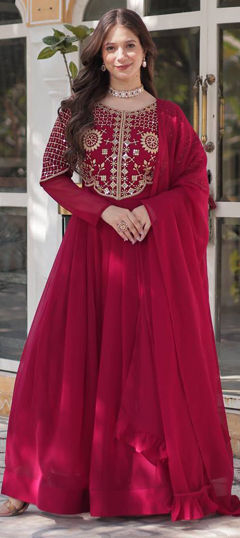 Red and Maroon color Gown in Georgette fabric with Embroidered, Sequence, Thread work