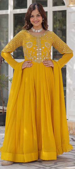 Yellow color Gown in Georgette fabric with Embroidered, Sequence, Thread work
