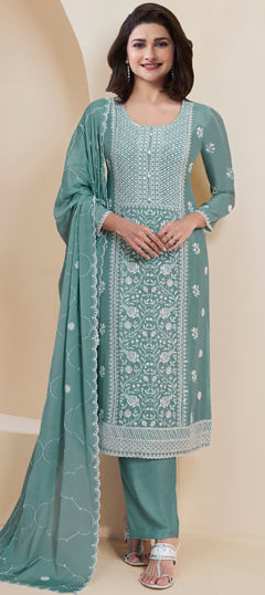 Blue color Salwar Kameez in Faux Georgette fabric with Embroidered, Resham, Thread work