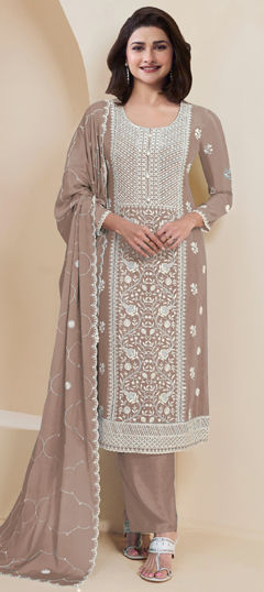 Beige and Brown color Salwar Kameez in Faux Georgette fabric with Embroidered, Resham, Thread work