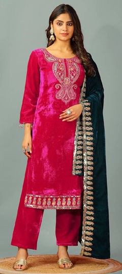 Pink and Majenta color Salwar Kameez in Velvet fabric with Embroidered, Thread, Zari work