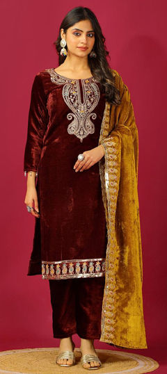 Red and Maroon color Salwar Kameez in Velvet fabric with Embroidered, Thread, Zari work