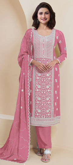 Pink and Majenta color Salwar Kameez in Faux Georgette fabric with Embroidered, Resham, Thread work