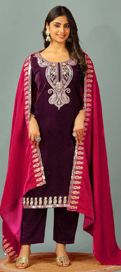 Purple and Violet color Salwar Kameez in Velvet fabric with Embroidered, Thread, Zari work