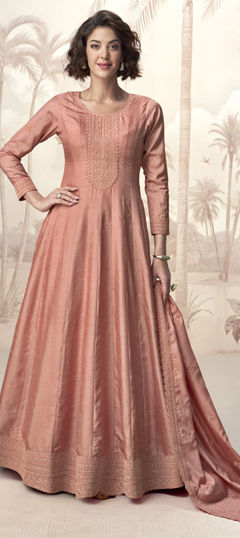 Pink and Majenta color Gown in Silk fabric with Embroidered, Sequence, Thread work