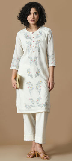 White and Off White color Salwar Kameez in Cotton fabric with Embroidered, Sequence, Thread work
