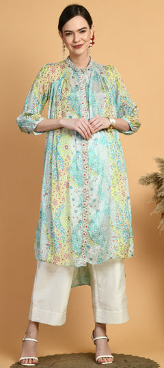 Multicolor color Salwar Kameez in Silk fabric with Bugle Beads, Printed work