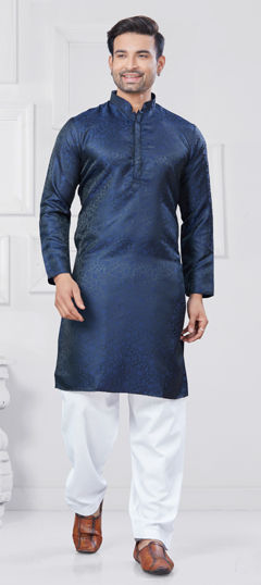 Blue color Pathani Suit in Jacquard fabric with Weaving work