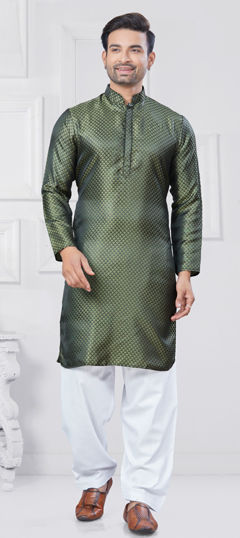 Green color Pathani Suit in Jacquard fabric with Weaving work