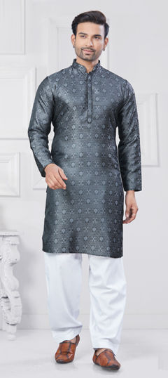 Black and Grey color Pathani Suit in Jacquard fabric with Weaving work