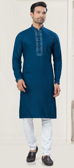 Blue color Kurta Pyjamas in Cotton fabric with Embroidered, Thread work
